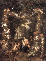 Holy Family in a Wreath of Flowers and Fruits